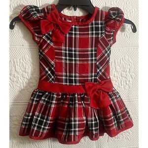 ASHLEY ANN Dress Girl's 18M 18 Months Red Black Bows Drop Waist HOLIDAY EUC